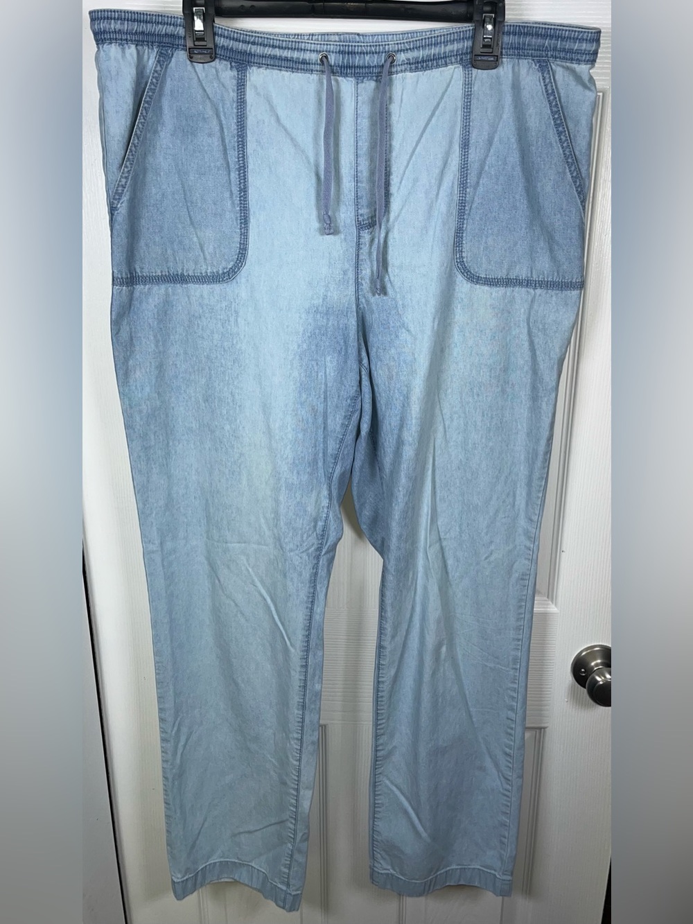 Women’s LL L.L. Bean 100% Cotton Drawstring Pull On Pants 293923 Light Blue 14